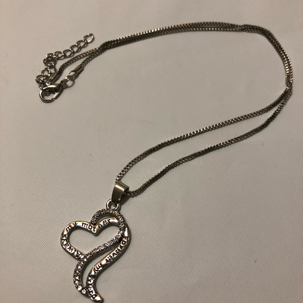 Silver double heart necklace engraved with “Always my mother forever my friend”